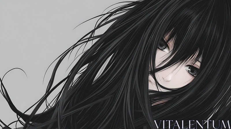 Anime Character with Intriguing Black Hair and Expressive Eyes AI Image