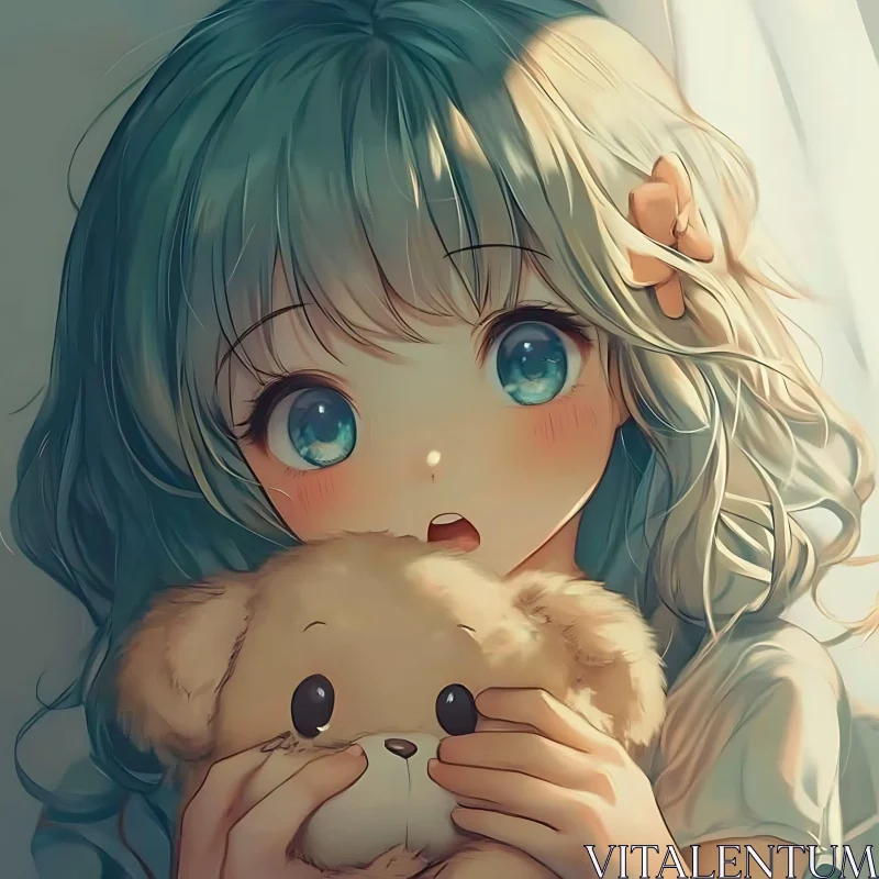 Anime Girl with Blue Eyes and Teddy Bear AI Image