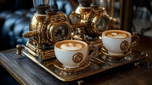 Steampunk Coffee Machine and Latte Art Cups