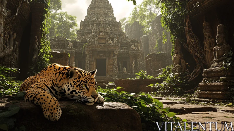 Wild Jaguar near Old Temple AI Image