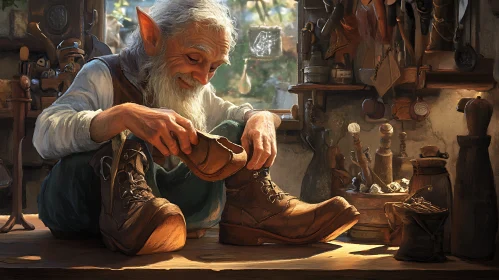 Old Elf Inspecting Leather Shoe