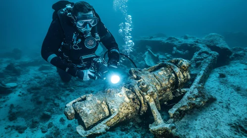 Underwater Shipwreck Exploration by Diver