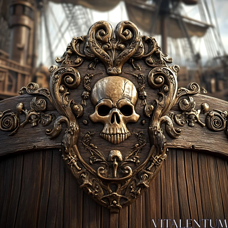 AI ART Pirate Skull Carving on Wooden Panel