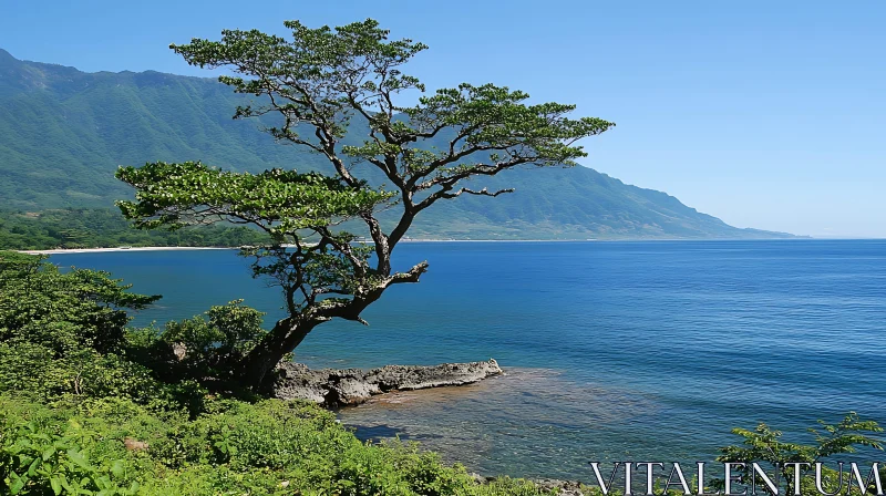 Seaside Tree Landscape with Mountain Backdrop AI Image