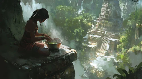 Woman Cooking Near Ancient Temple