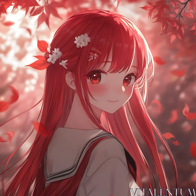 Anime Girl in Fall with Long Red Hair AI Image