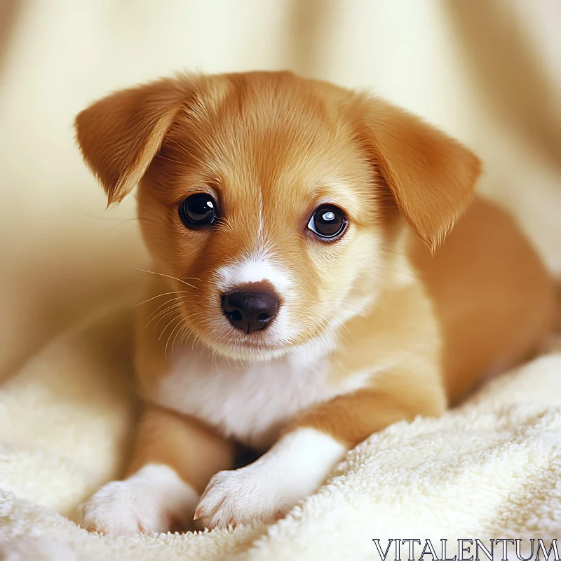 Cute Puppy with Expressive Eyes on a Cozy Blanket AI Image