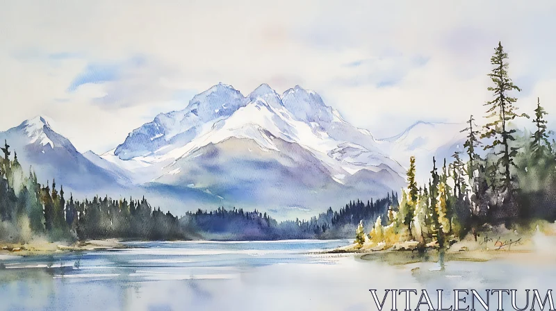 Watercolor Mountain Scene with Forest and Lake AI Image