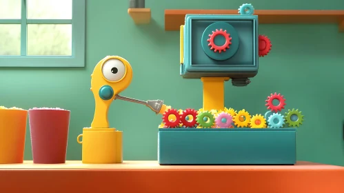 Whimsical Robot and Gear Creation Scene