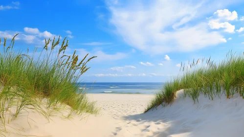 Coastal Beach with Grass and Blue Sky