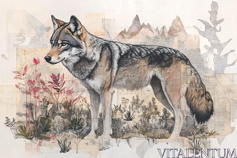 Artistic Wolf Portrait with Botanical Elements AI Image