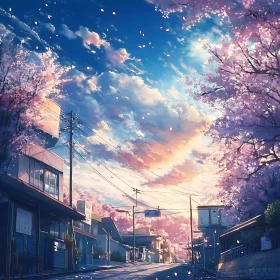 Urban Charm with Cherry Blossoms and Colorful Sky