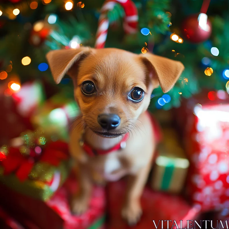 Cute Puppy Amidst Christmas Tree and Gifts AI Image