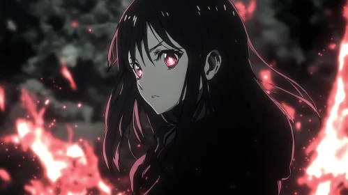 Anime Girl Surrounded by Fire in a Dark Forest