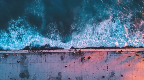 Coastal Pier with Waves and People