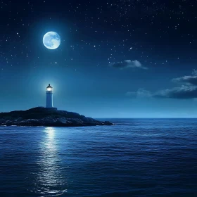 Moonlit Lighthouse at Night