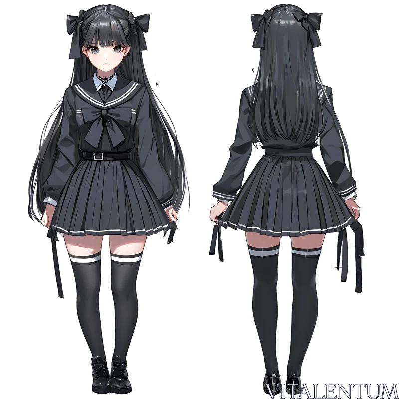 Lon Haired Girl in Black Dress Anime Style AI Image