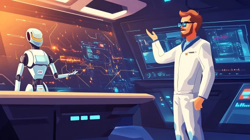 Scientist and Robot in Futuristic Lab