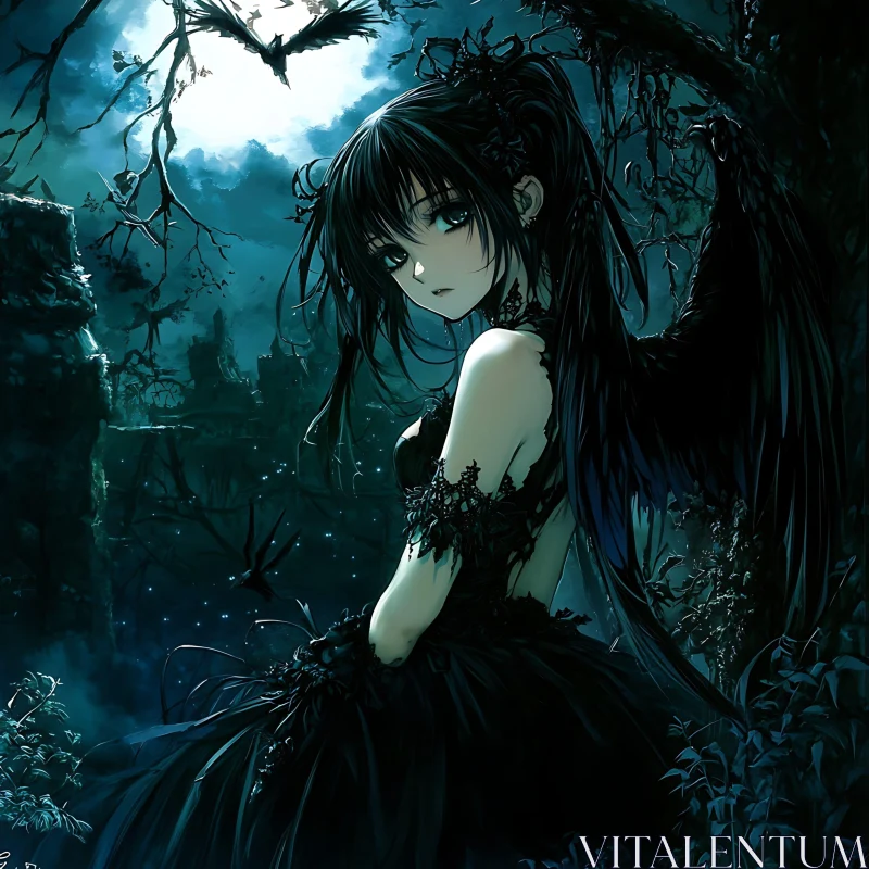 AI ART Ghostly Anime Girl with Black Wings at Night