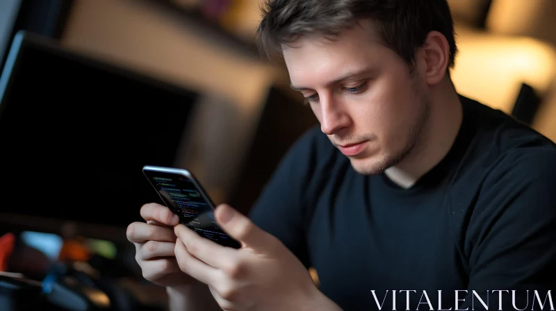 Concentrated Man Using Smartphone AI Image