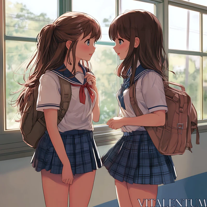 Anime Schoolgirls Engaging in Classroom Chat AI Image