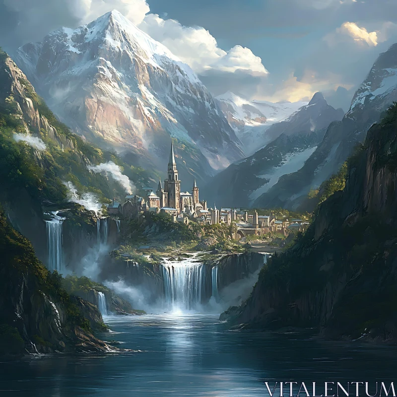 AI ART Serene Castle by Waterfalls