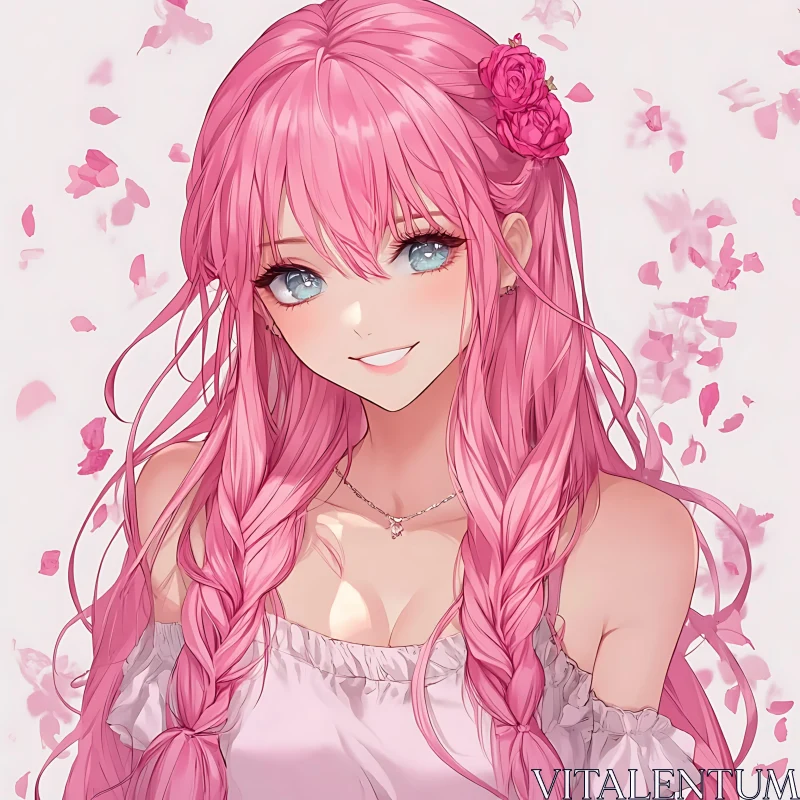 Anime Girl with Pink Braids and Blue Eyes AI Image