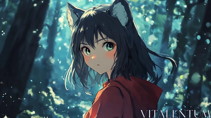 Anime Girl in Forest with Red Hoodie AI Image