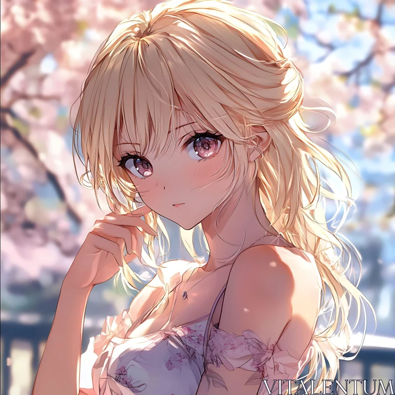 Delicate Blonde Anime Girl with Pink Eyes in Spring AI Image