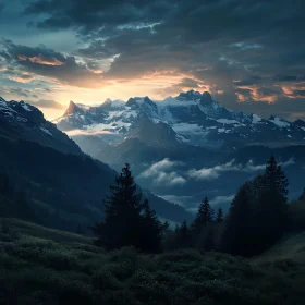 Snowy Mountain Peaks Under Cloudy Sky