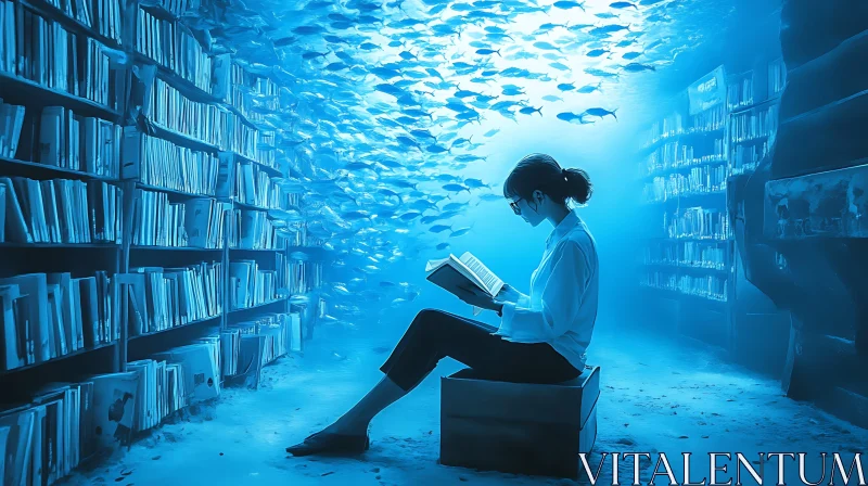 AI ART Submerged Reader in Aquatic Library