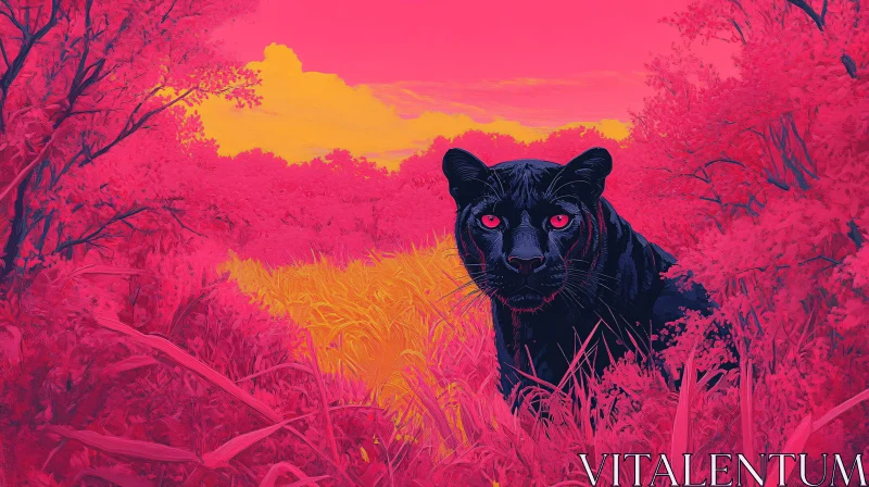 AI ART Panther with Red Eyes in Pink Woods