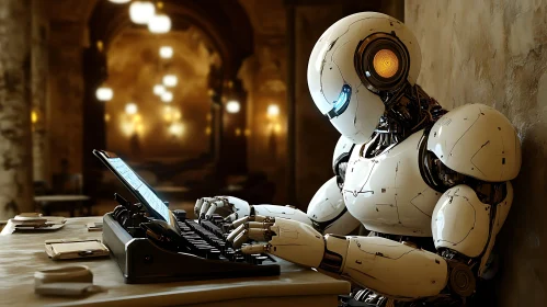 Futuristic Robot Typing on Old Typewriter