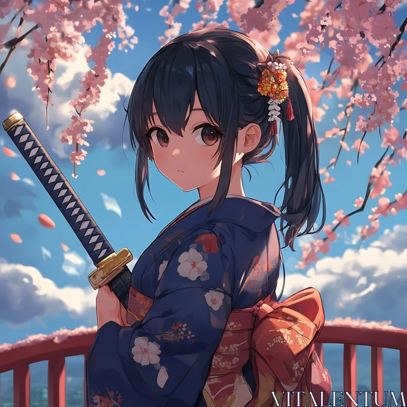 Cherry Blossom Samurai: Anime Girl in Kimono AI Image