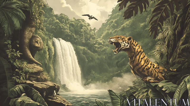 Jungle Roar: Tiger and Waterfall AI Image