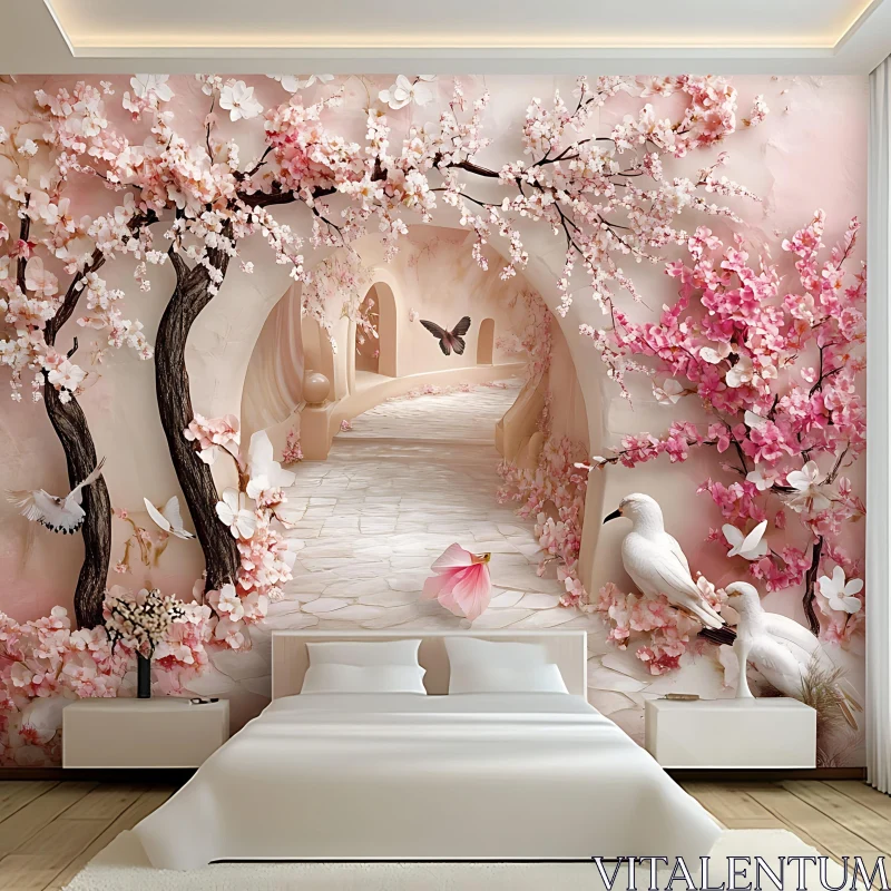 AI ART Serene Cherry Blossom Mural in Bedroom Decor