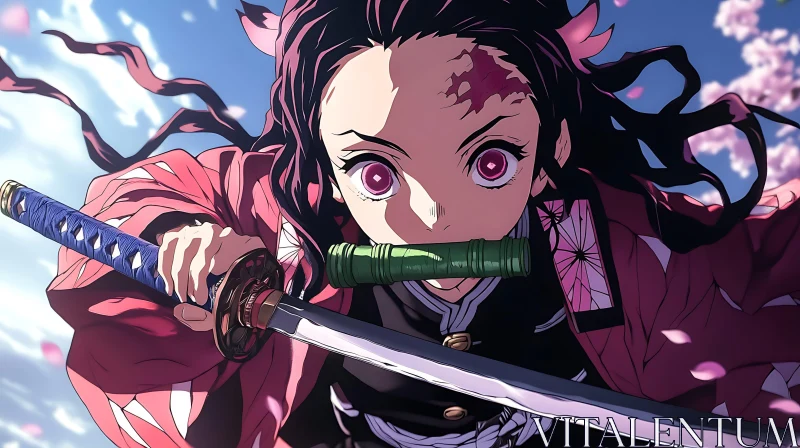 Anime Character with Pink Eyes and Sword in Action AI Image