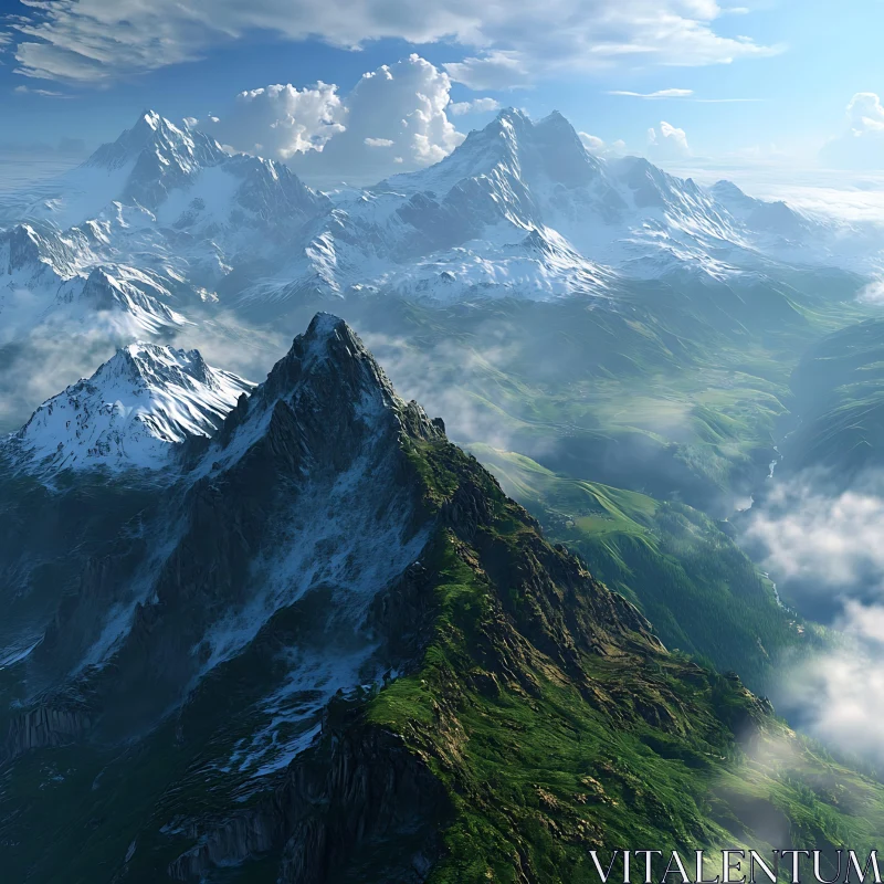 Snowy Peaks and Green Valley Landscape AI Image