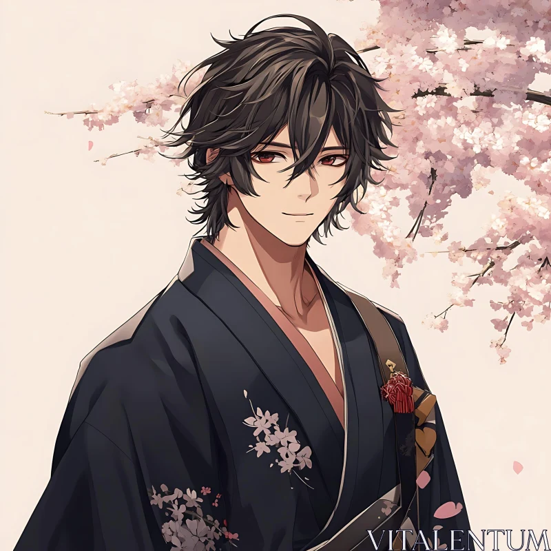 Elegant Anime Character with Cherry Blossoms AI Image