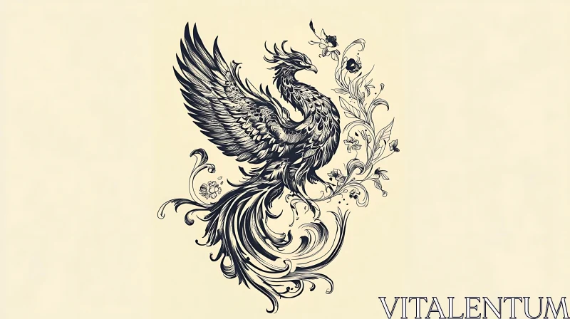Phoenix and Flowers Ink Drawing AI Image