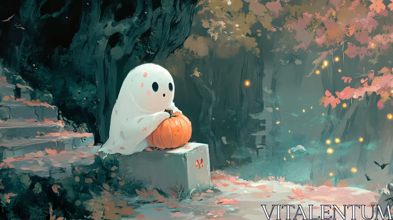 AI ART Ghost with Pumpkin in Autumn Forest