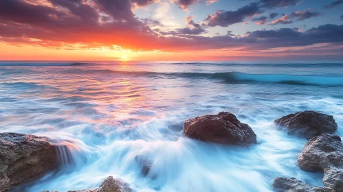 Coastal Sunset Scene with Rocks and Waves