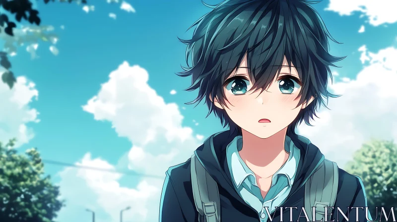 Anime Boy with Backpack Outdoors AI Image