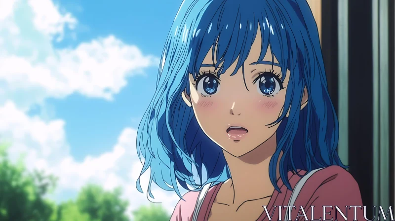 Blue-Haired Anime Girl Outdoors AI Image