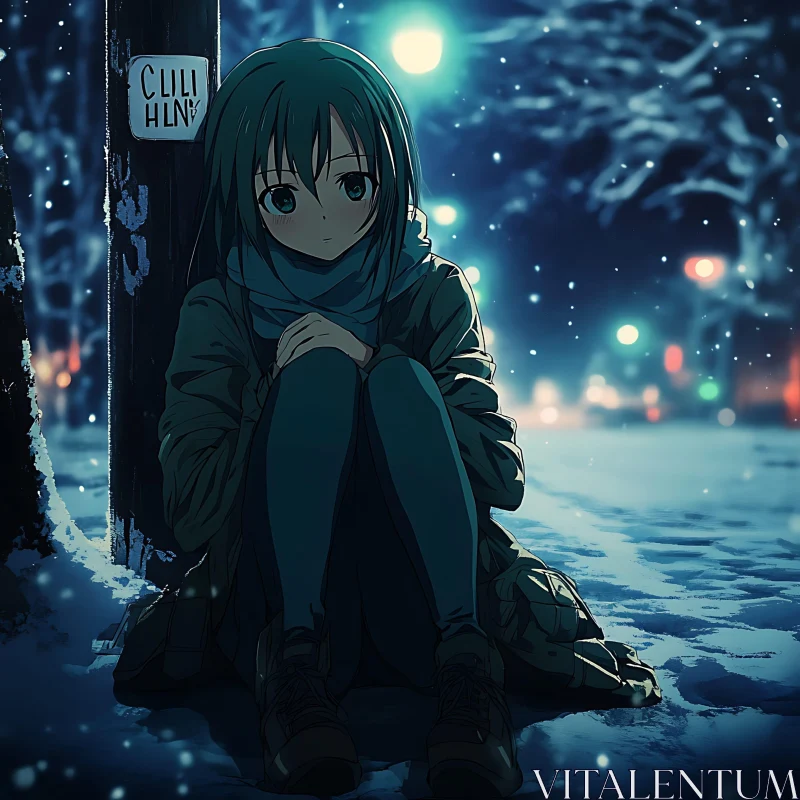 AI ART Solitary Anime Girl in Winter Nightscape