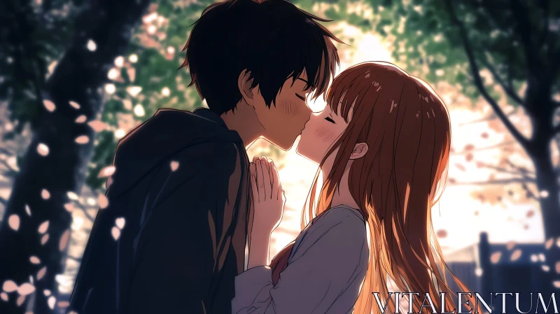 AI ART Anime Lovers in a Cherry Blossom Kiss