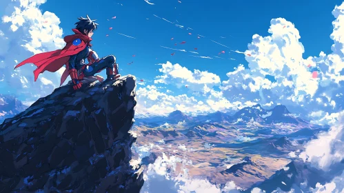 Lone Anime Hero on Mountain Peak with Red Cape