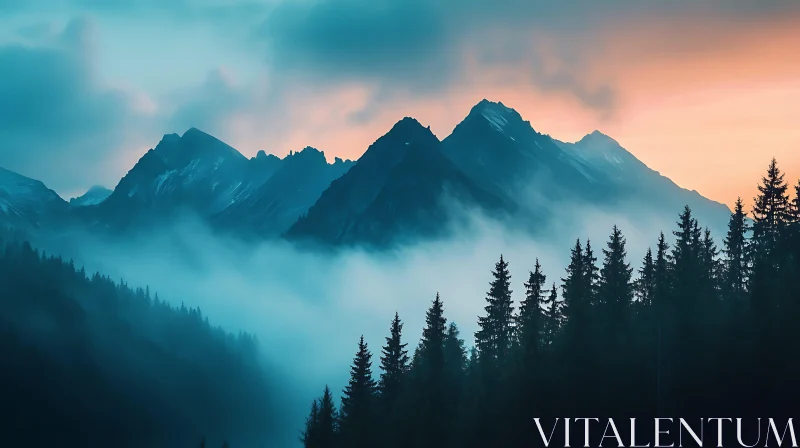 Foggy Peaks and Forest View AI Image