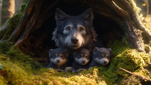 Wolf Family in Mossy Den