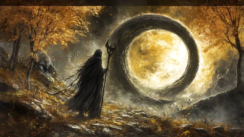 Mystical Passage: Cloaked Figure and Portal